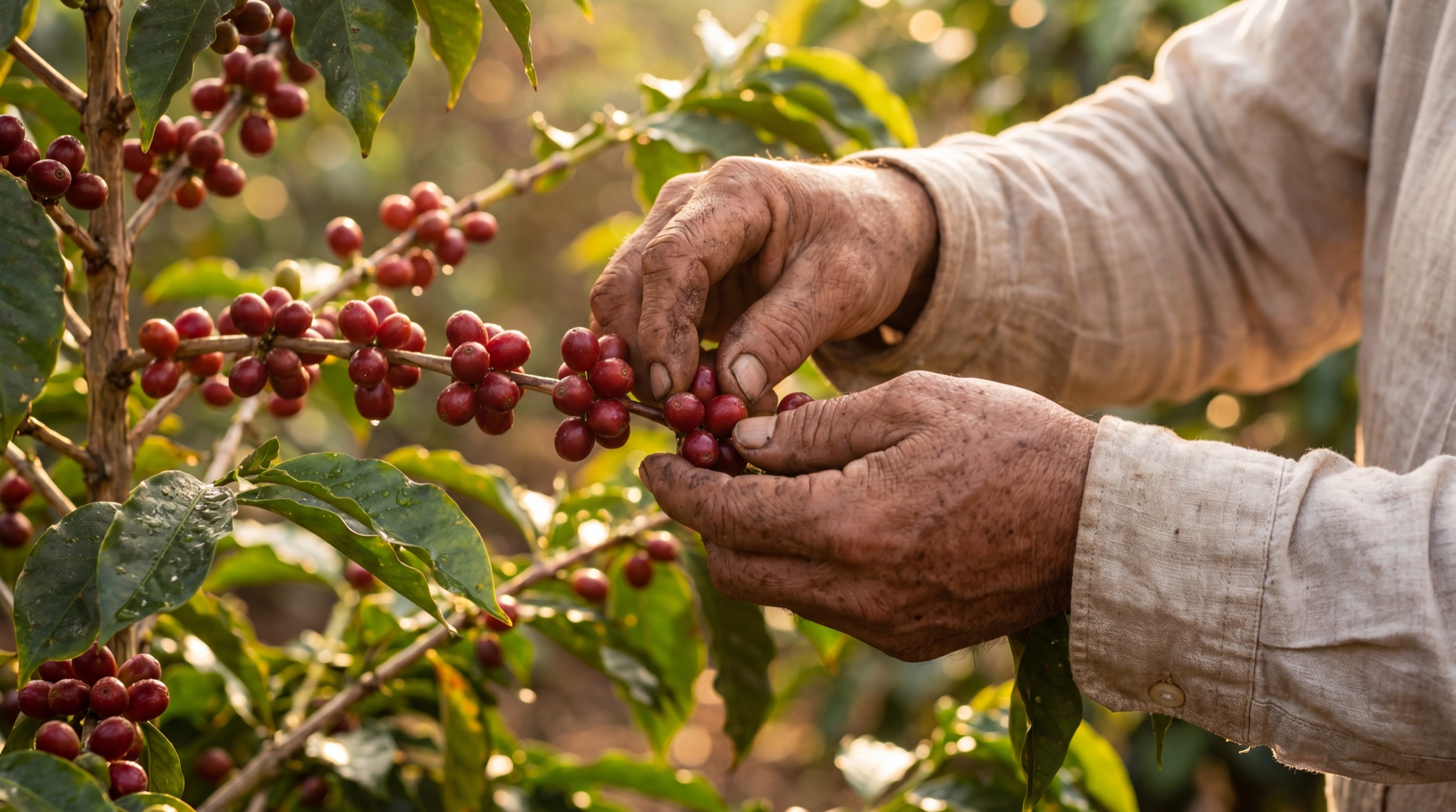 Manos recogiendo cerezas de café maduras