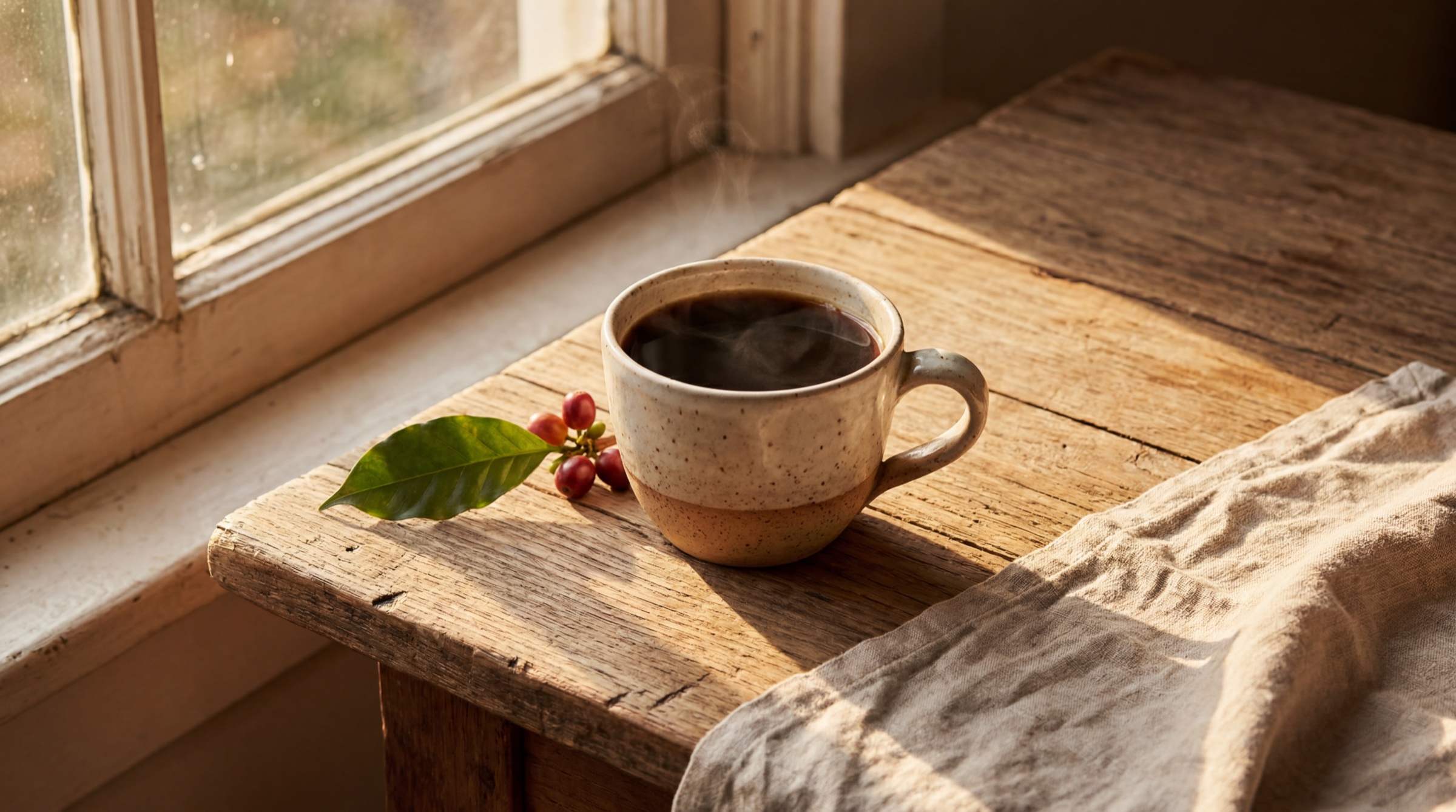 Taza de cerámica artesanal con café humeante